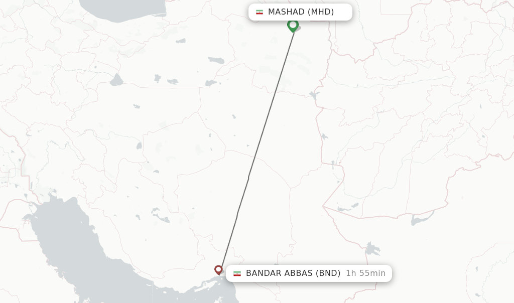 Flights from Mashad to Bandar Abbas route map