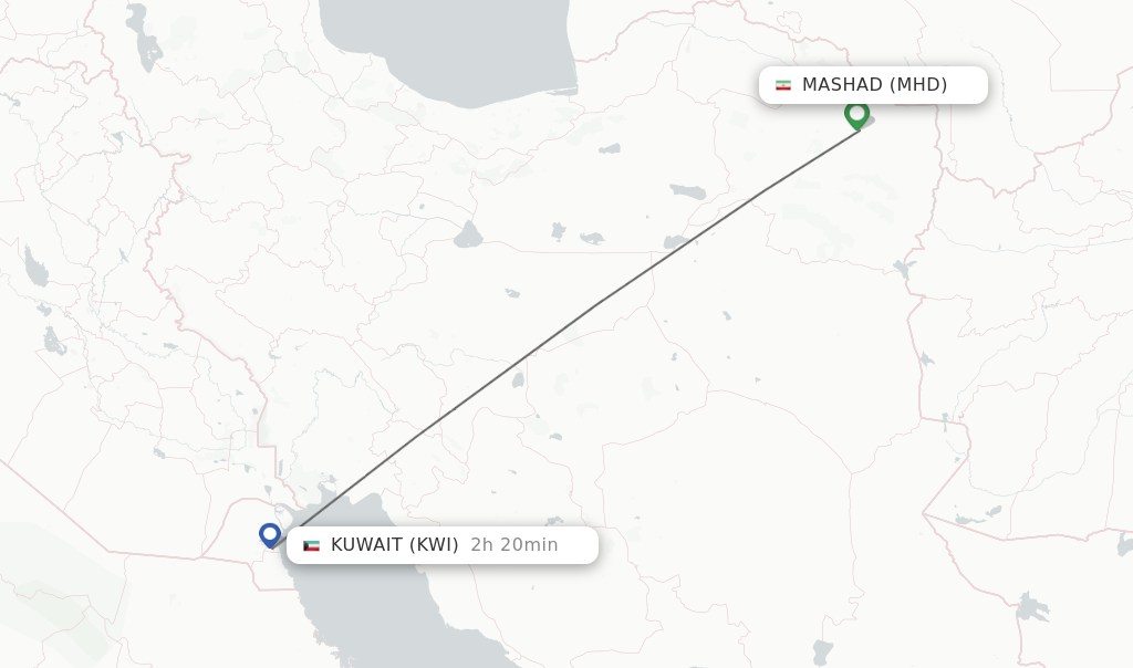 Flights from Mashad to Kuwait route map