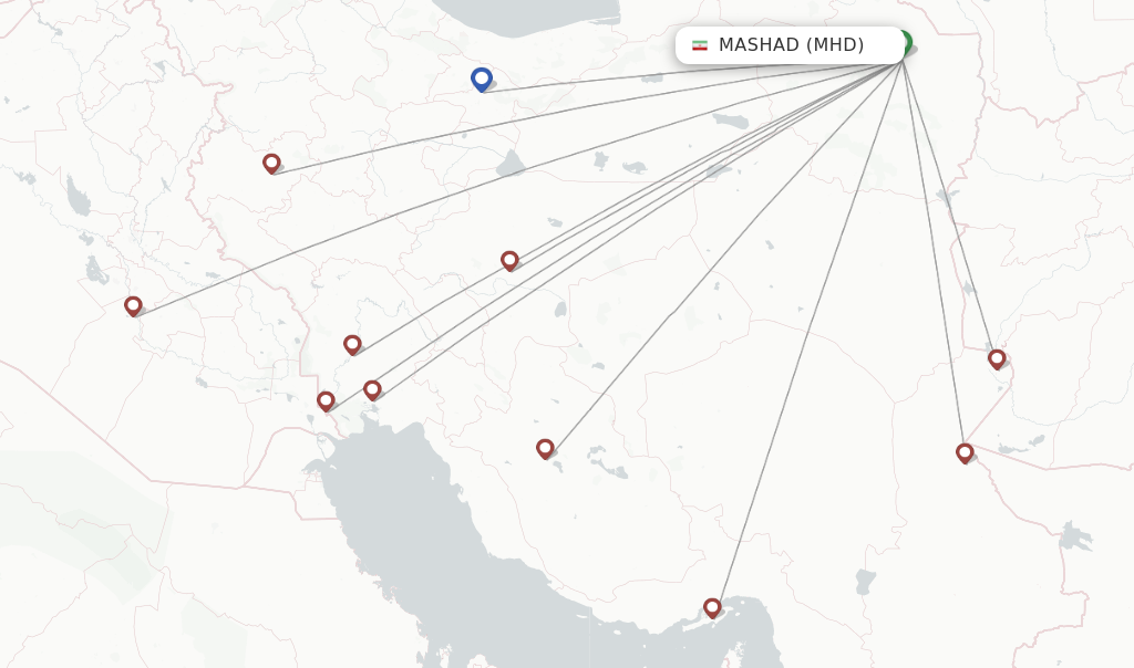 Route map with flights from Mashad with Qeshm Air