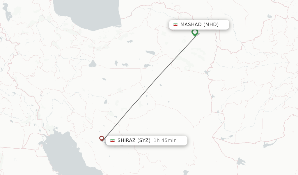 Flights from Mashad to Shiraz route map