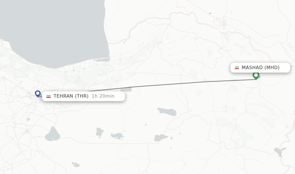 Flights from Mashad to Tehran route map