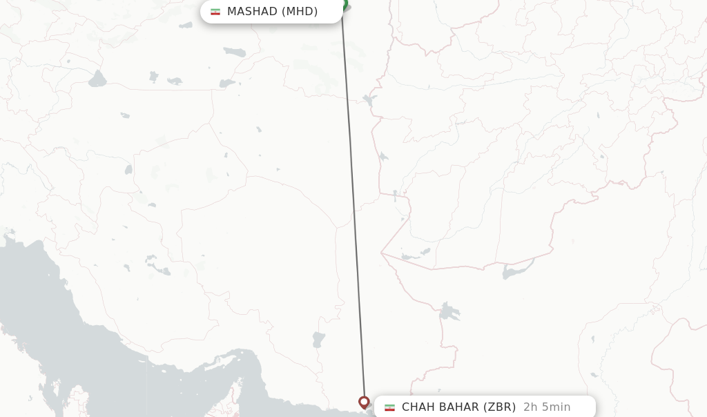 Flights from Mashad to Chah Bahar route map