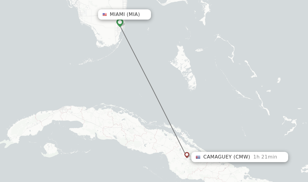 Flights from Miami to Camaguey route map
