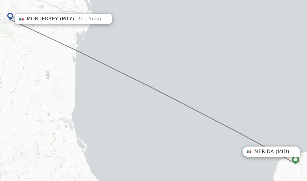 Flights from Merida to Monterrey route map