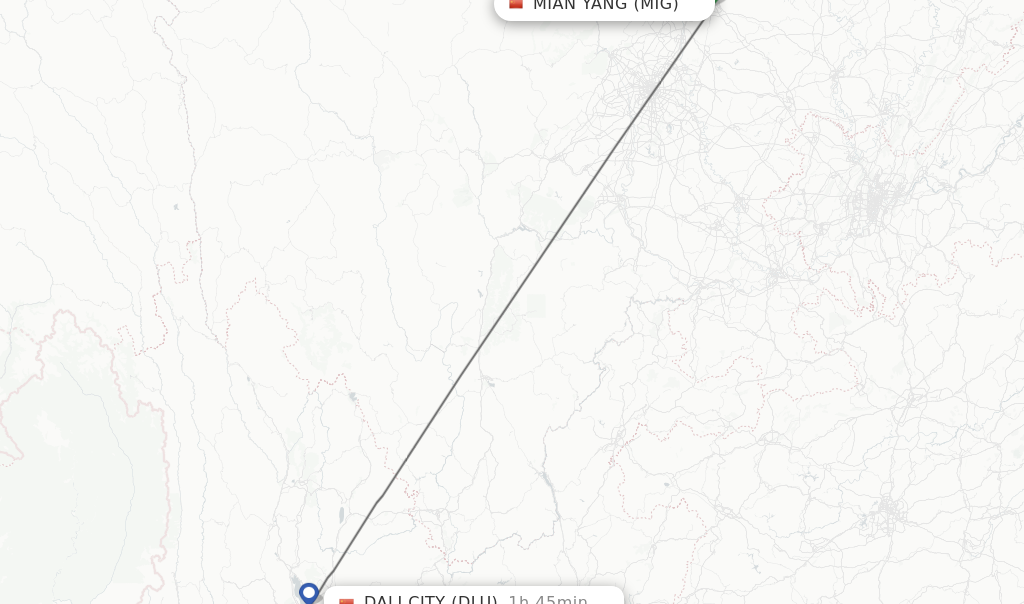 Flights from Mian Yang to Dali City route map
