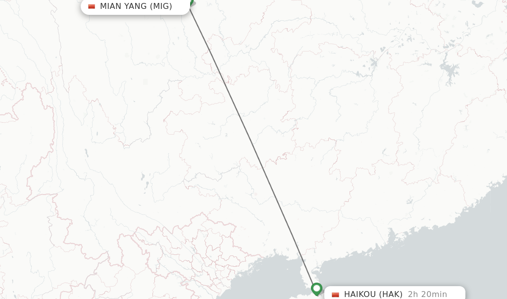 Flights from Mian Yang to Haikou route map