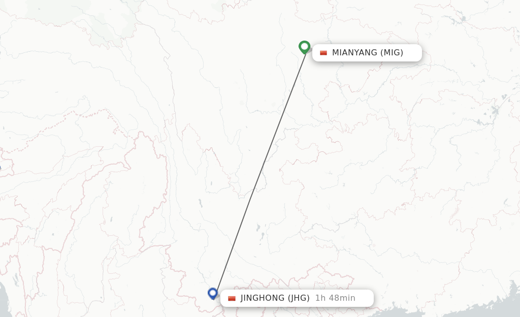 Flights from Mian Yang to Jinghong route map