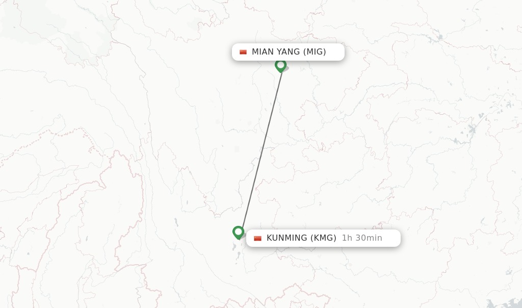 Flights from Mian Yang to Kunming route map