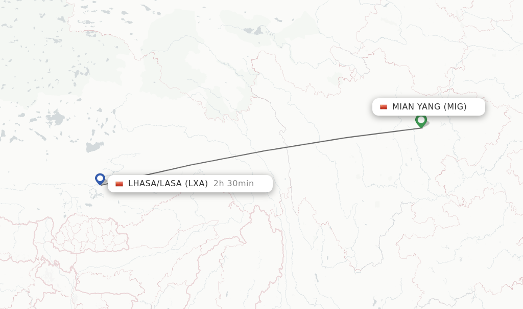 Flights from Mian Yang to Lhasa/Lasa route map
