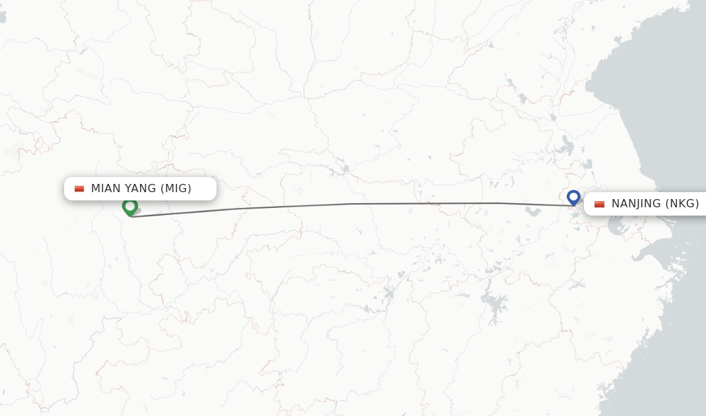 Flights from Mian Yang to Nanjing route map