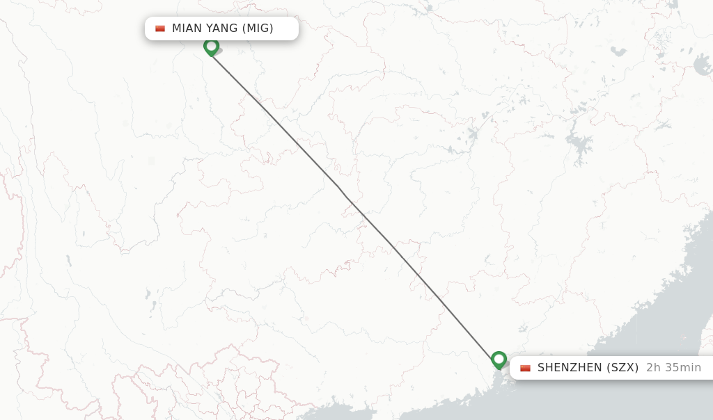 Flights from Mian Yang to Shenzhen route map