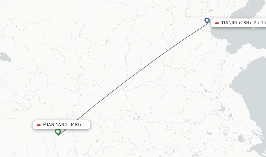 Flights from Mian Yang to Tianjin route map