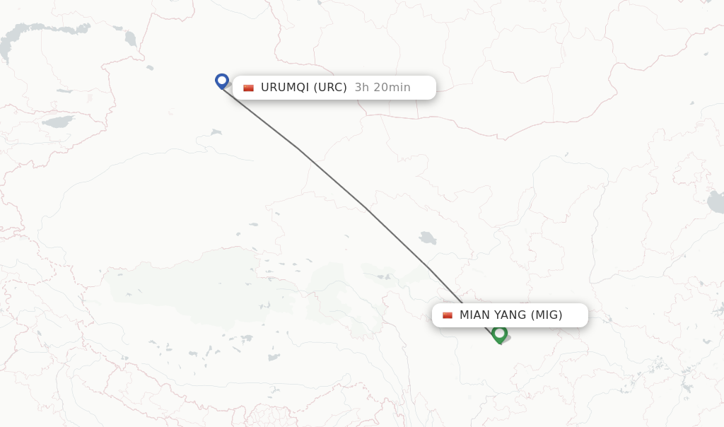 Flights from Mian Yang to Urumqi route map