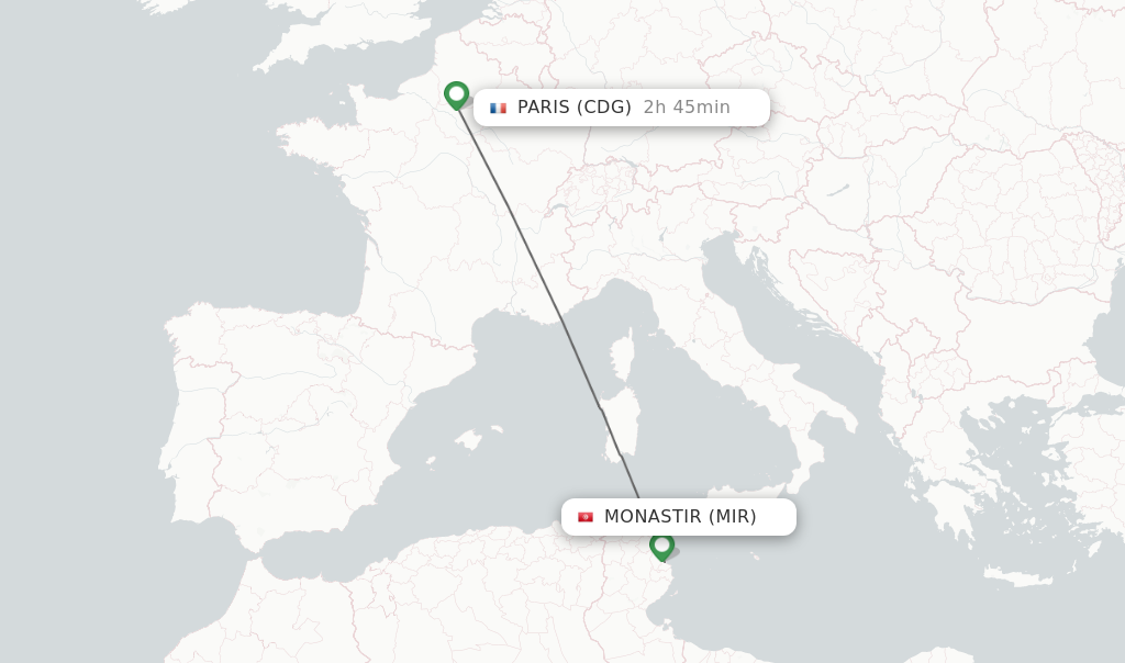 Flights from Monastir to Paris route map