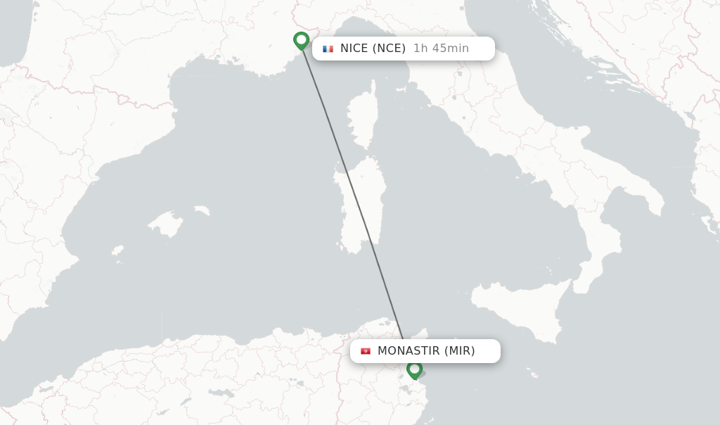 Flights from Monastir to Nice route map