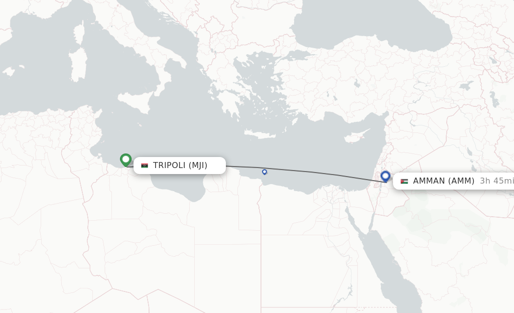 Flights from Mitiga, Tripoli to Amman route map