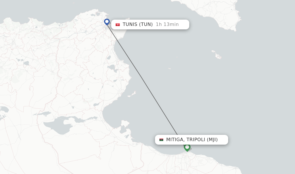 Flights from Mitiga, Tripoli to Tunis route map