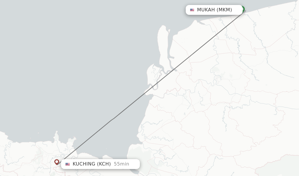 Flights from Mukah to Kuching route map