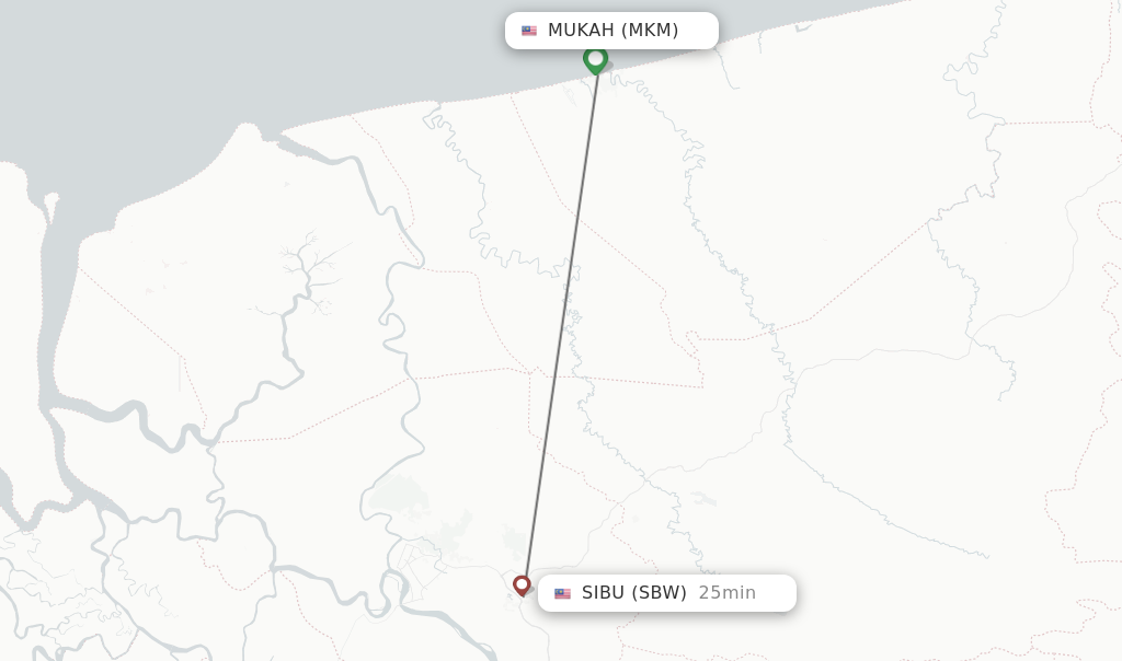 Flights from Mukah to Sibu route map