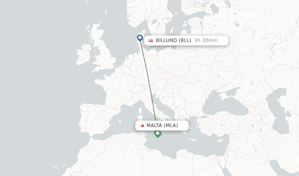 Flights from Malta to Billund route map