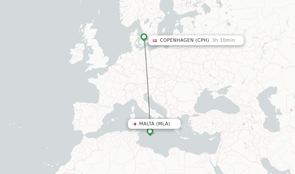 Flights from Malta to Copenhagen route map