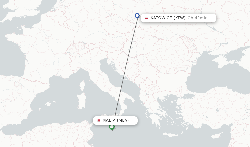 Flights from Malta to Katowice route map