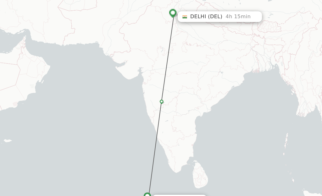 Flights from Male to Delhi route map