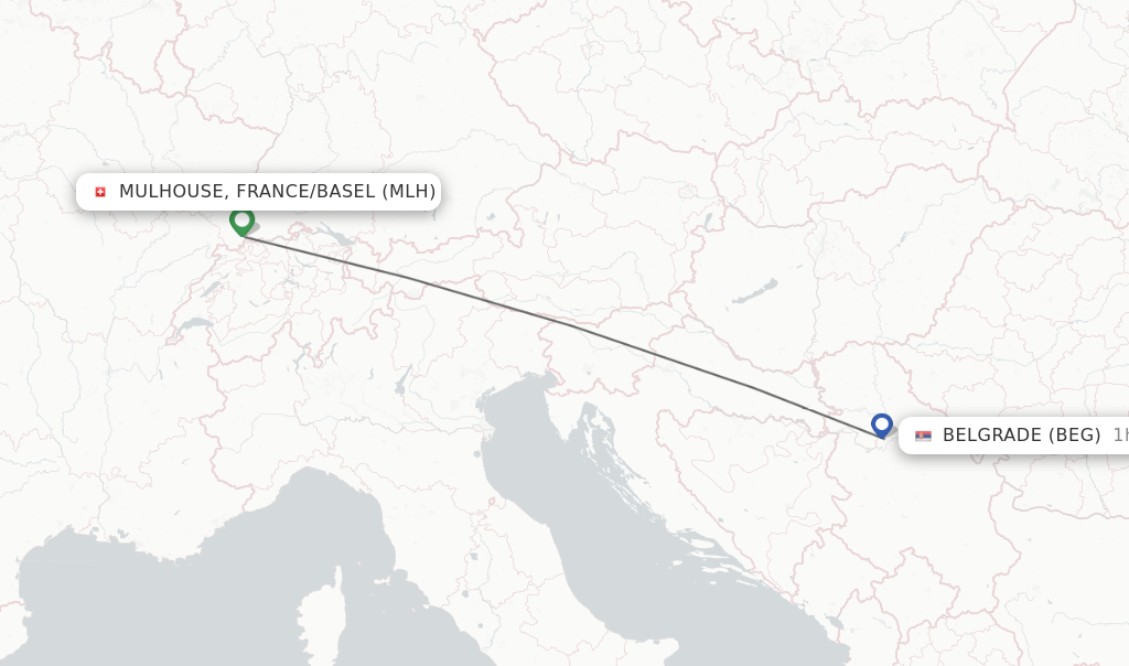 Flights from Mulhouse, France/Basel to Belgrade route map