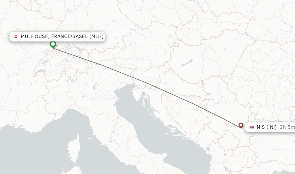 Flights from Mulhouse, France/Basel to Nis route map