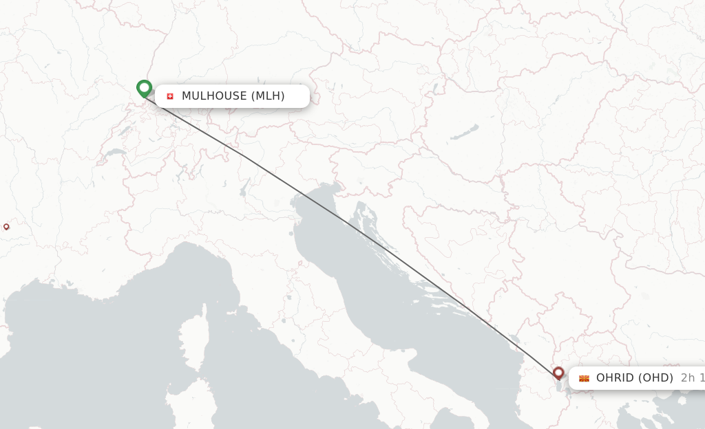 Flights from Mulhouse, France/Basel to Ohrid route map