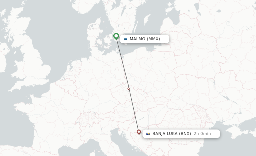 Flights from Malmo to Banja Luka route map