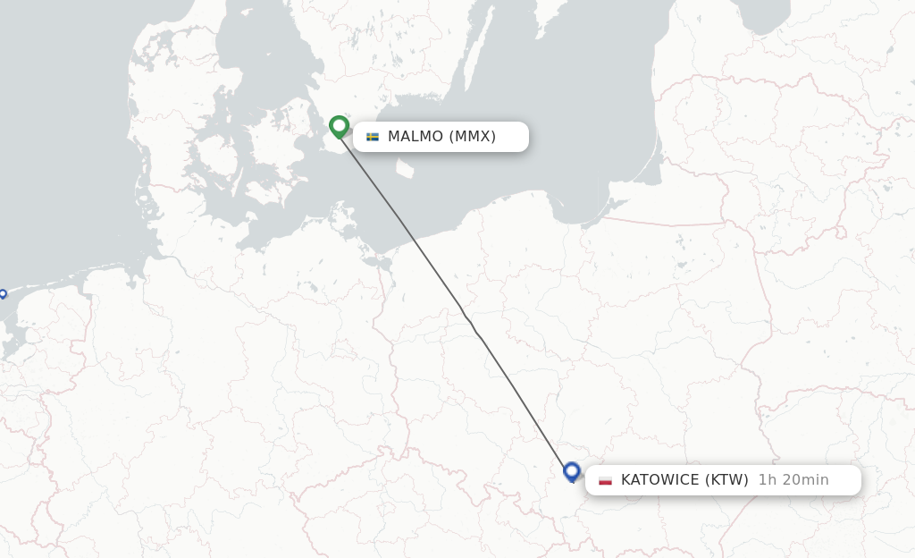 Flights from Malmo to Katowice route map