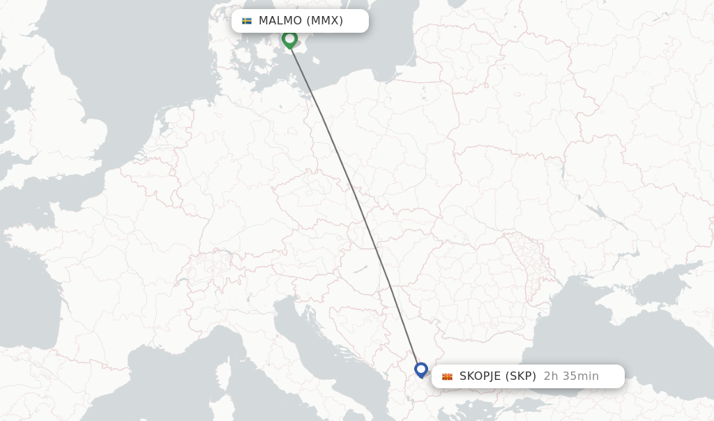 Flights from Malmo to Skopje route map