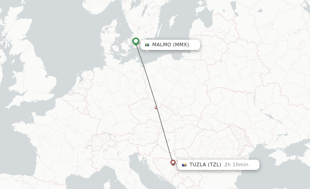 Flights from Malmo to Tuzla route map