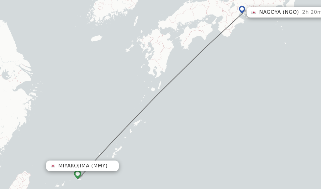 Flights from Miyakojima to Nagoya route map