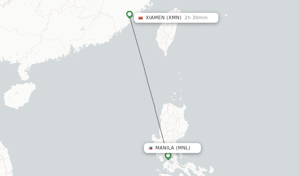 Flights from Manila to Xiamen route map