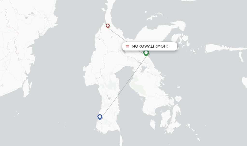 Route map with flights from Morowali with Wings Air
