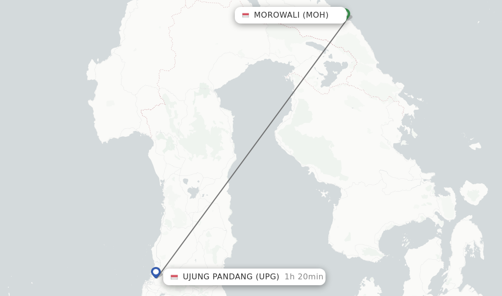 Flights from Morowali to Ujung Pandang route map
