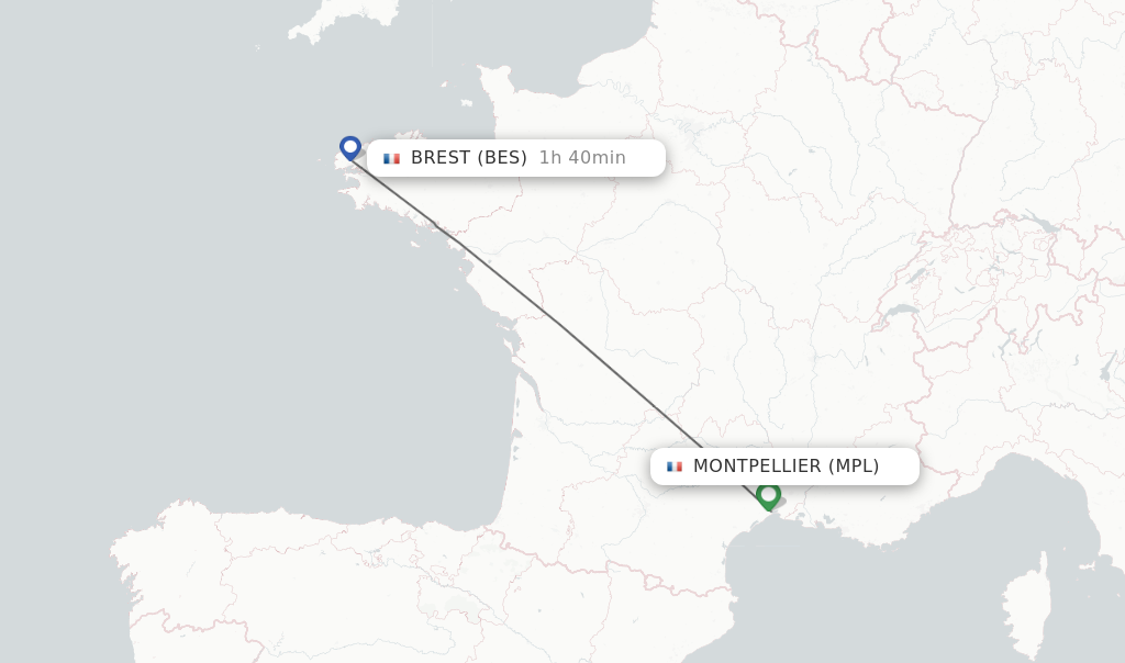 Flights from Montpellier to Brest route map