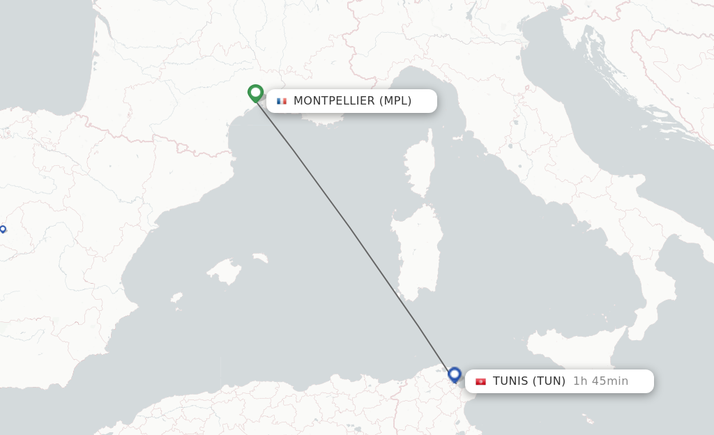Flights from Montpellier to Tunis route map