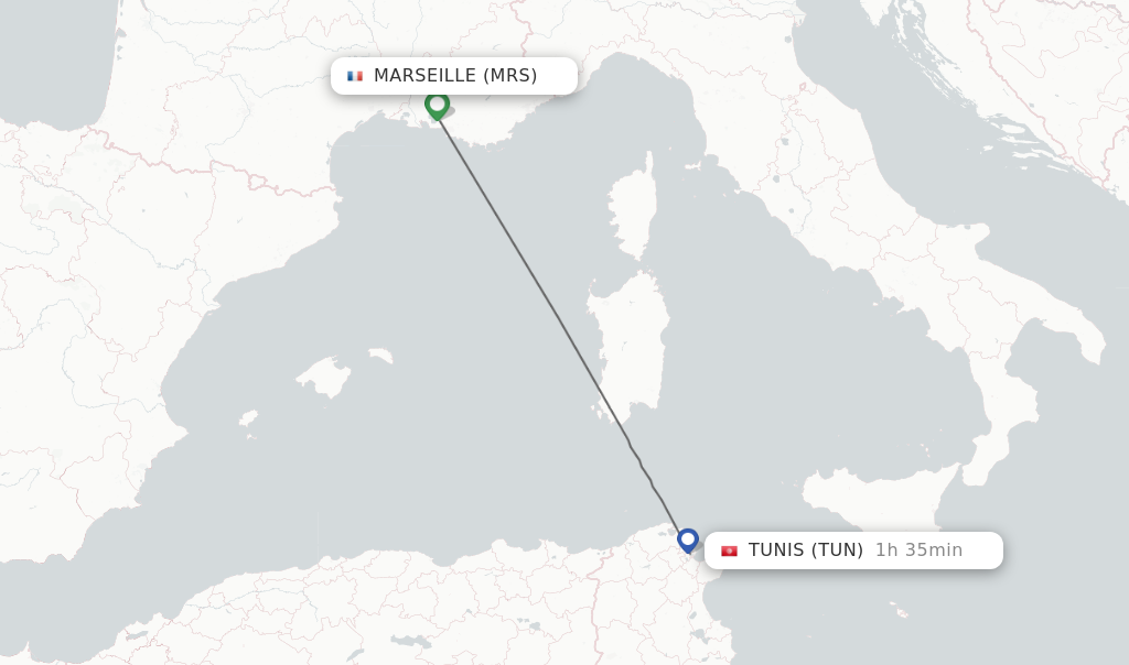 Flights from Marseille to Tunis route map