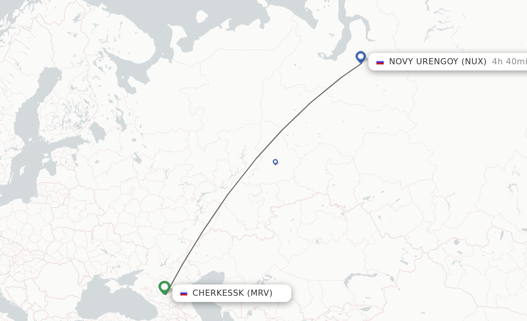 Flights from Mineralnye Vody to Novyj Urengoj route map