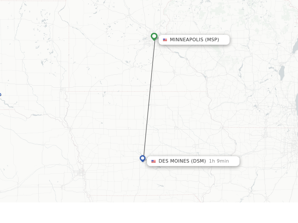 Flights from Minneapolis to Des Moines route map