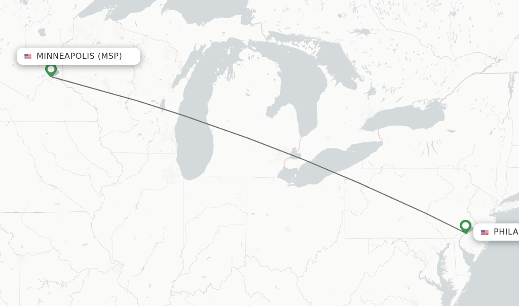 Flights from Minneapolis to Philadelphia route map