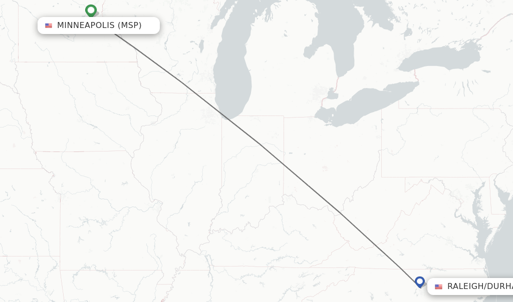 Flights from Minneapolis to Raleigh/Durham route map