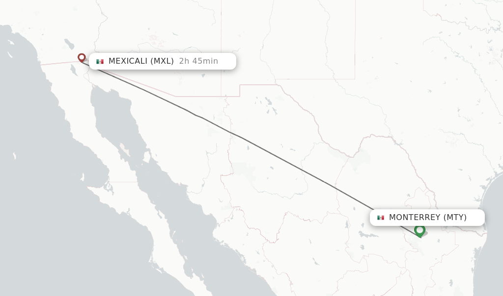 Flights from Monterrey to Mexicali route map
