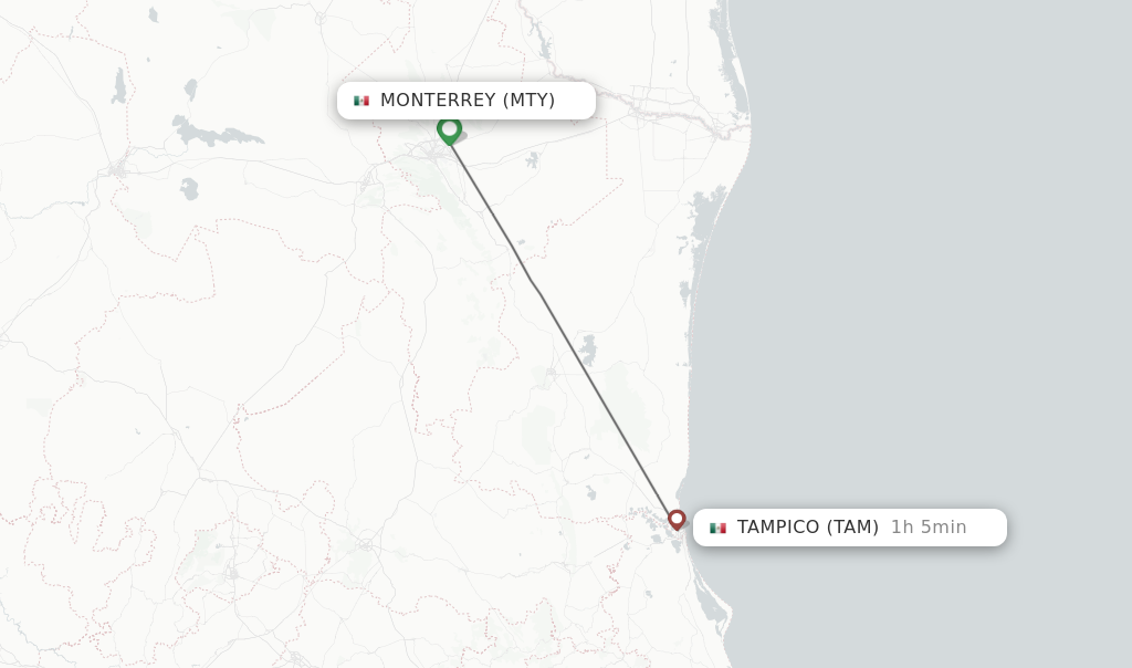 Flights from Monterrey to Tampico route map