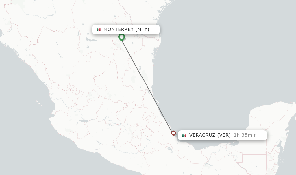Flights from Monterrey to Veracruz route map
