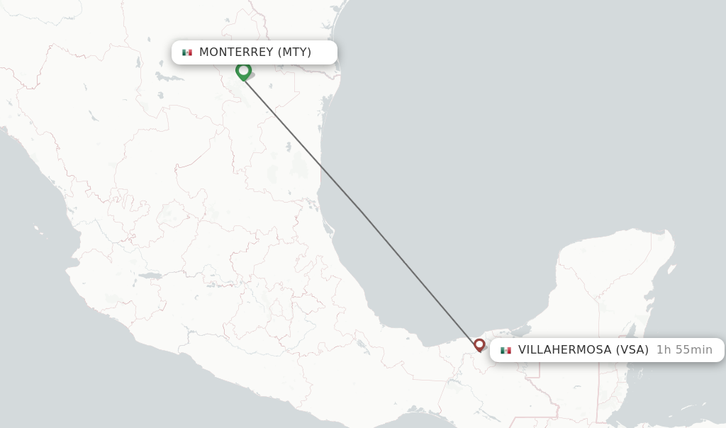 Flights from Monterrey to Villahermosa route map