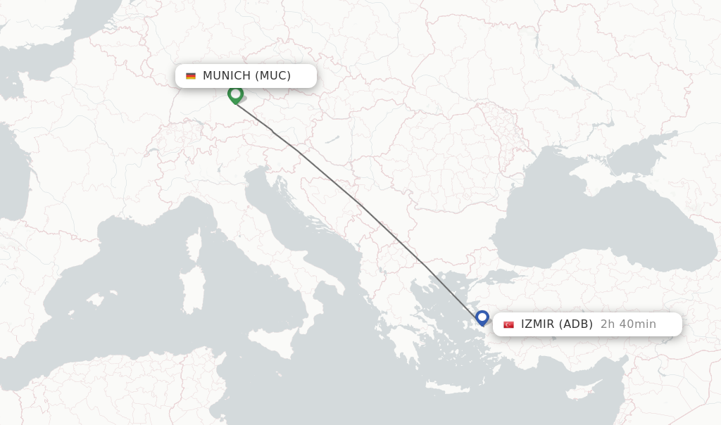 Flights from Munich to Izmir route map